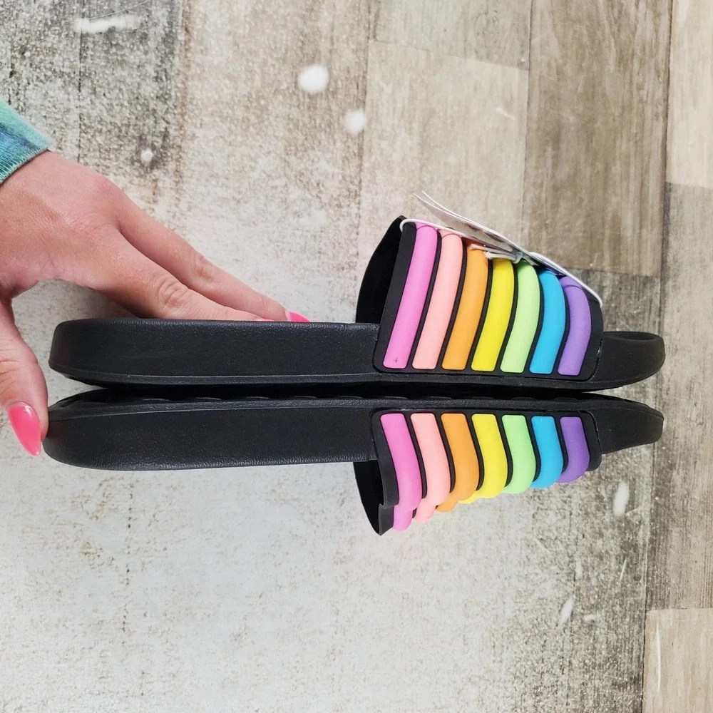 Skechers Girls Rainbow Slides Sandal Sz 5 Black Multi Striped Open Round Toe
